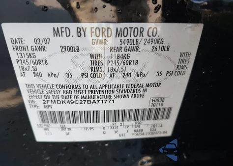 2007 Ford Edge Sel Plus z USA, uszkodzony, nr VIN 2FMDK49C27BA71771